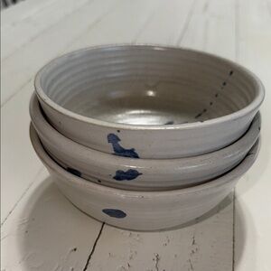 Handcrafted pottery nesting Bowls  X3 White with Blue Accents
